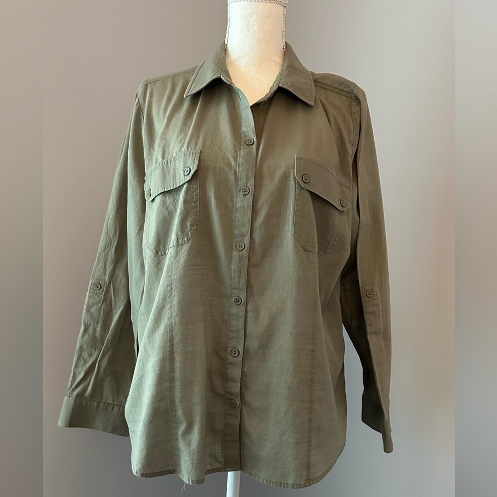 WOMENS CHICOS 100% COTTON OLIVE BUTTON DOWN SHACKET SIZE 3